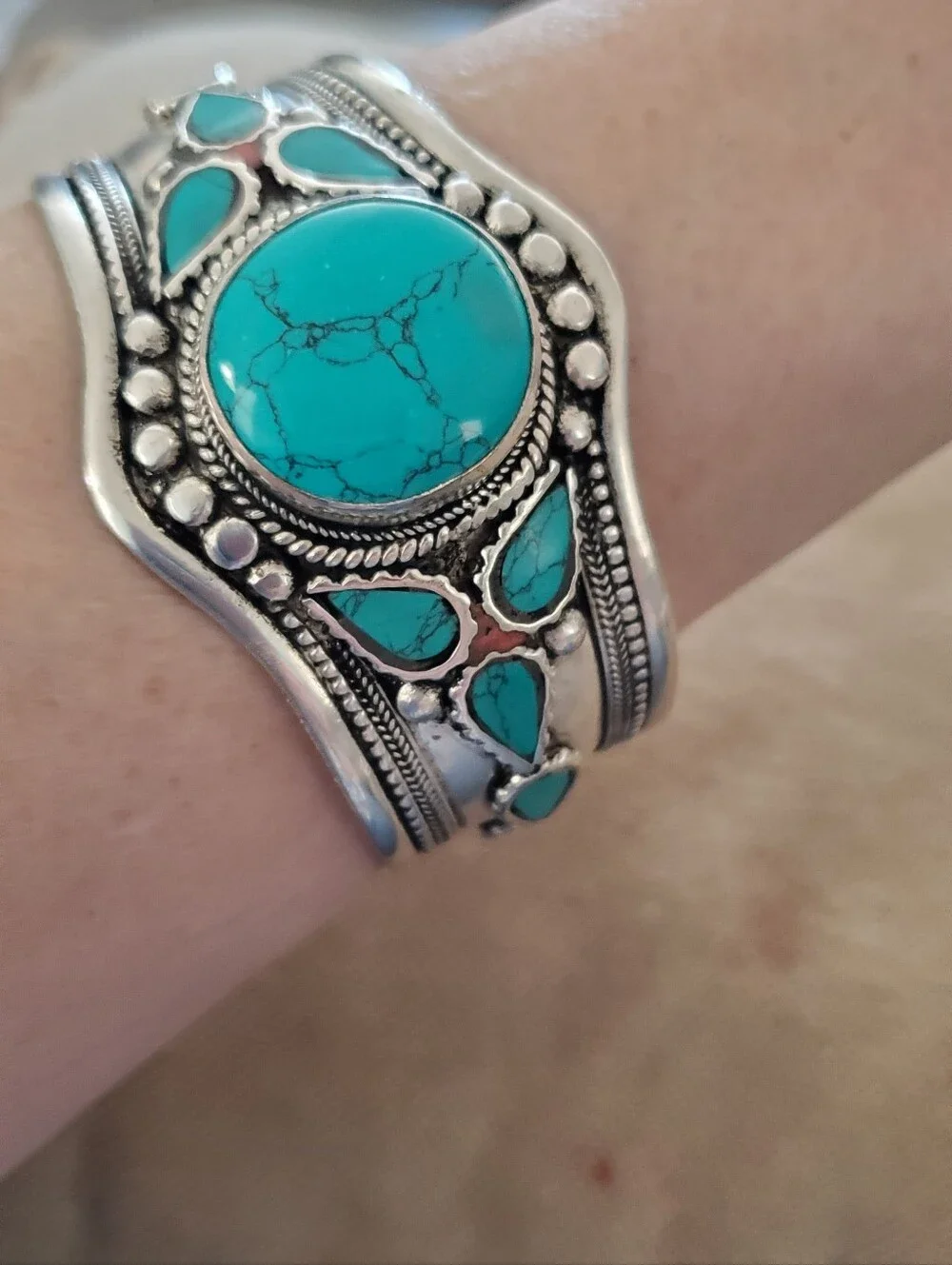 Boho German Silver Plated Turquoise Wide Statement Cuff Tribal Bracelet Western